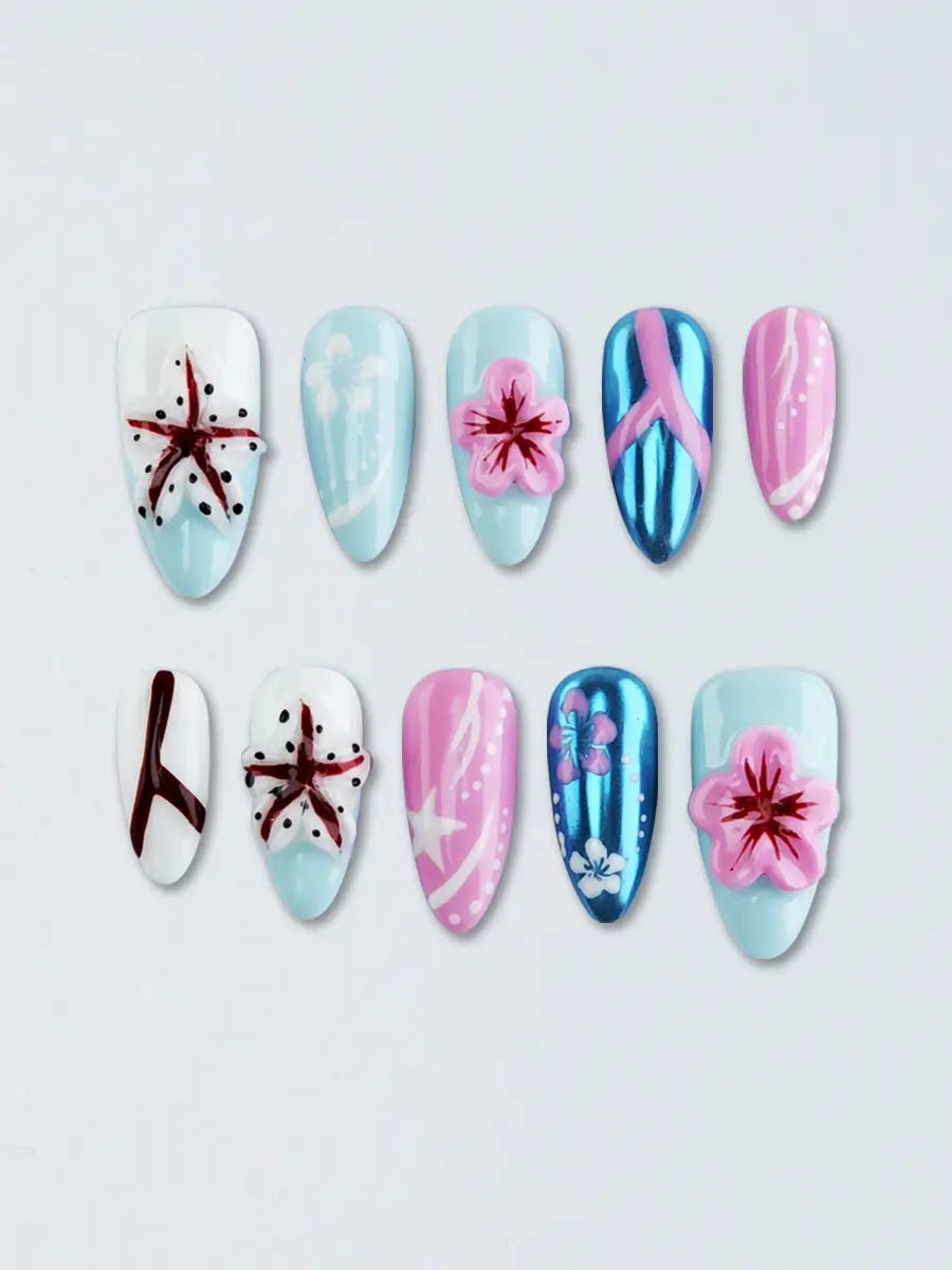 Pink & Blue 3D Flower Press-On Nails – Holographic Metallic Almond Nails