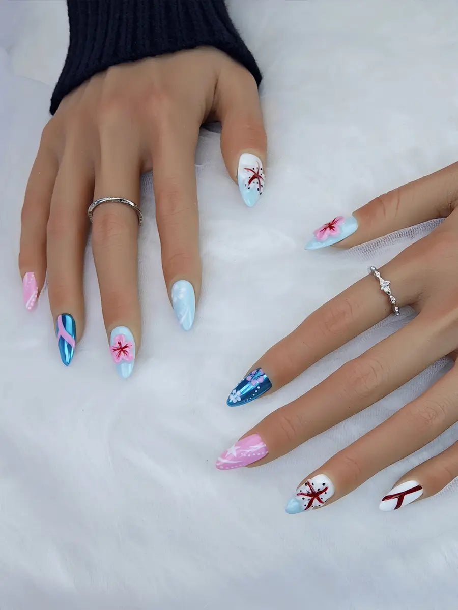 Pink & Blue 3D Flower Press-On Nails – Holographic Metallic Almond Nails