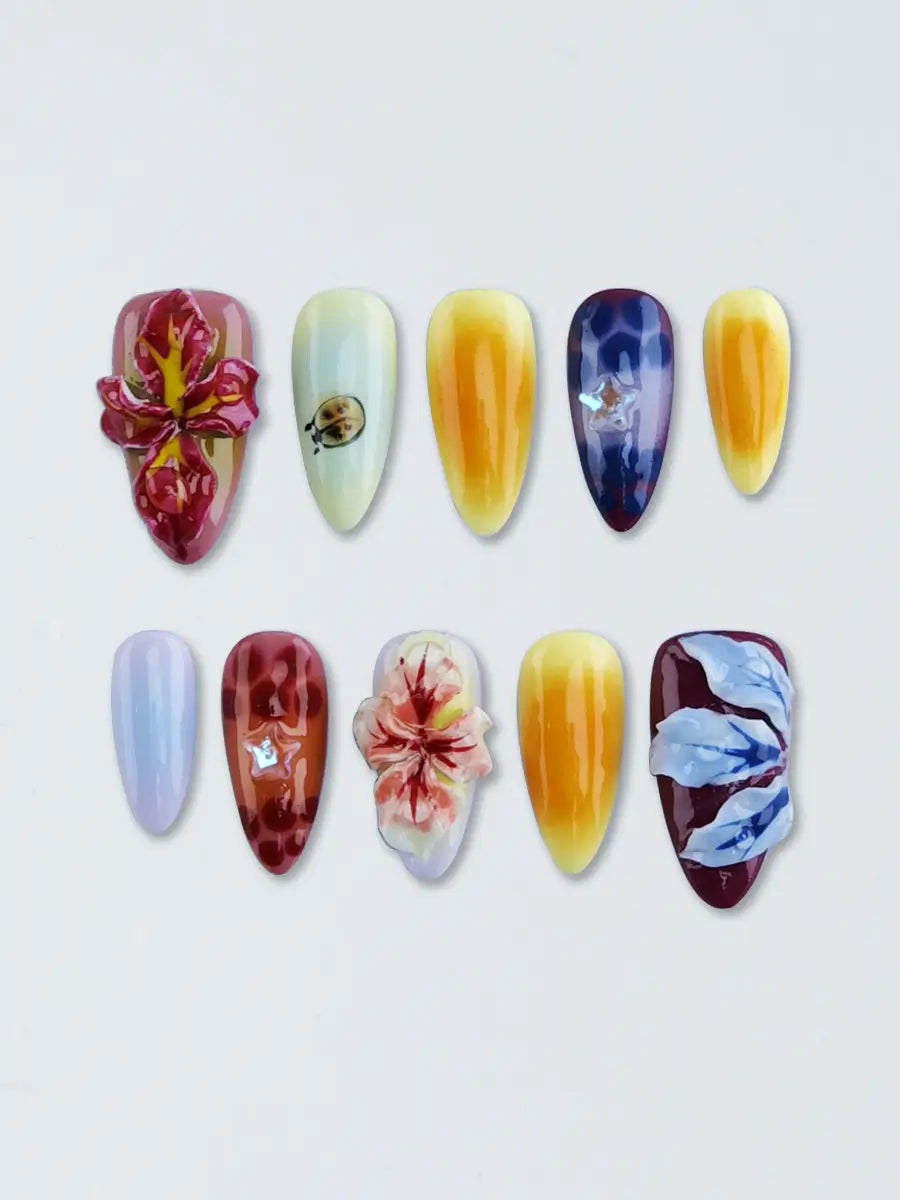 Multicolor Floral & Insect Almond Press-On Nails – Artistic & Creative