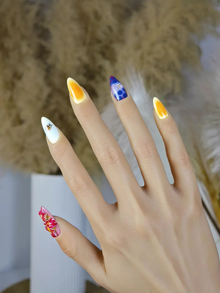 Multicolor Floral & Insect Almond Press-On Nails – Artistic & Creative