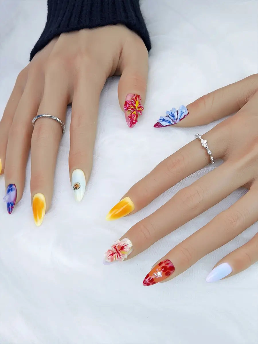 Multicolor Floral & Insect Almond Press-On Nails – Artistic & Creative