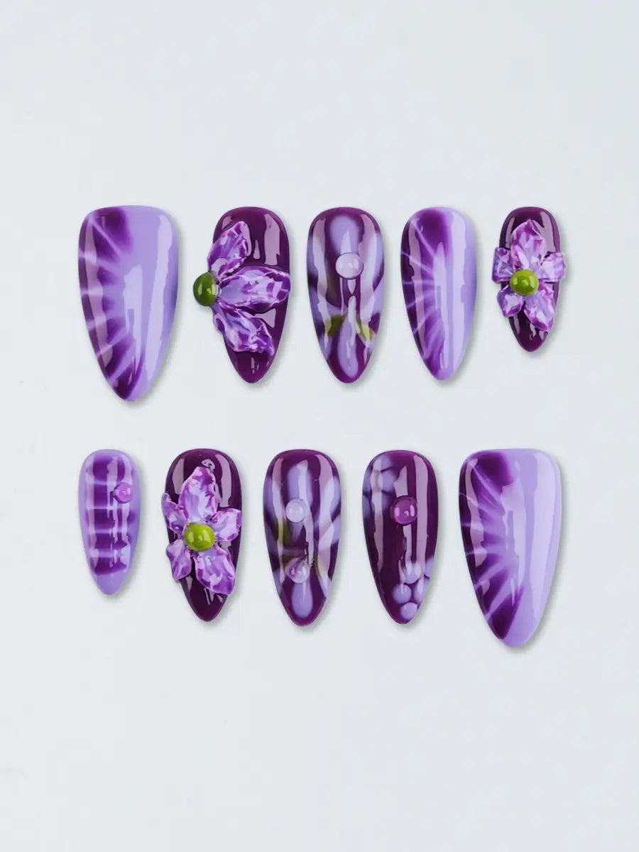 Purple 3D Floral Almond Press-On Nails – Iridescent Luxury Design