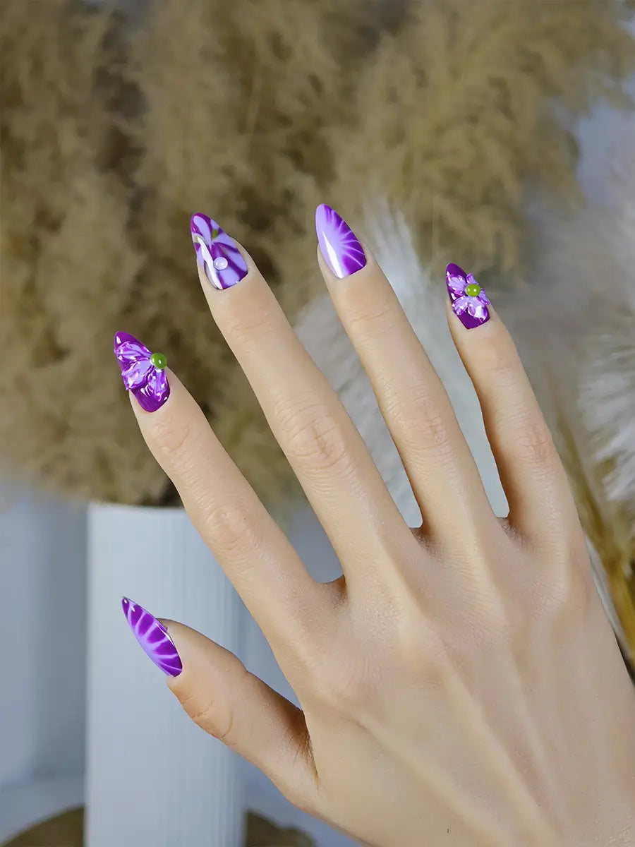 Purple 3D Floral Almond Press-On Nails – Iridescent Luxury Design