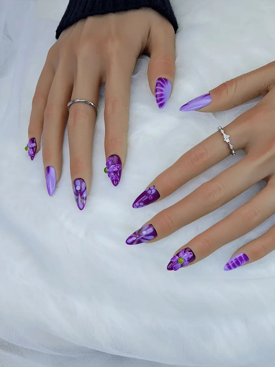 Purple 3D Floral Almond Press-On Nails – Iridescent Luxury Design