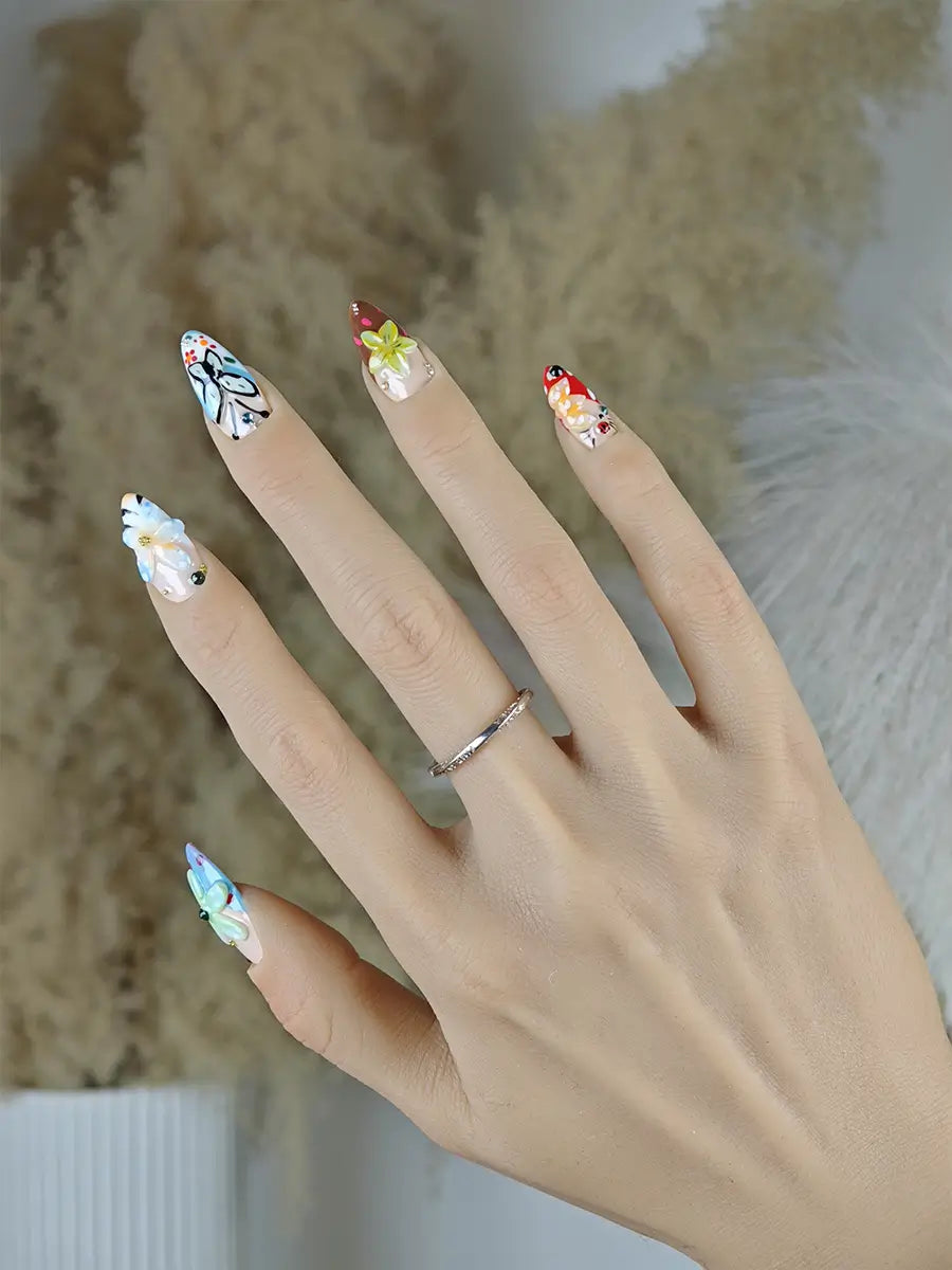 Colorful 3D Flower & Insect Almond Press-On Nails – Butterfly & Ladybug