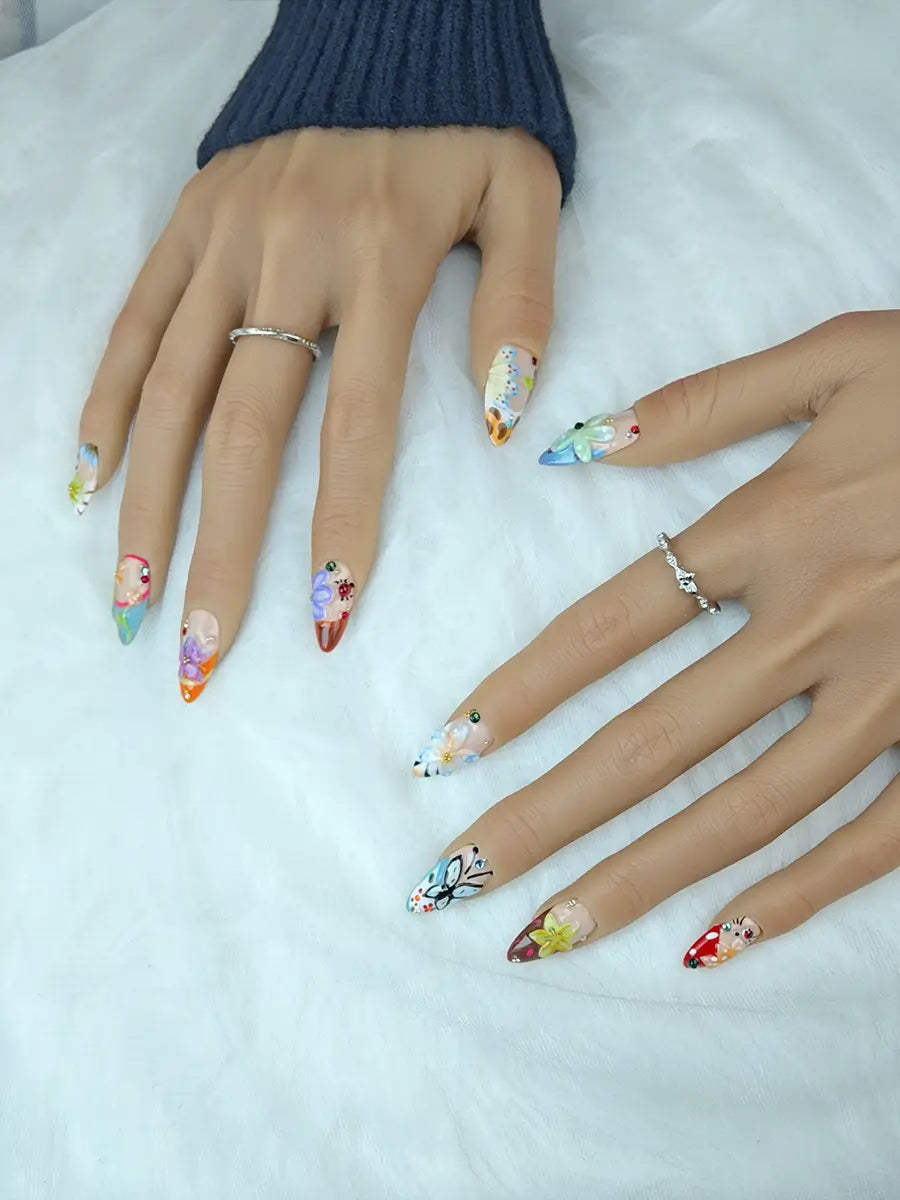 Colorful 3D Flower & Insect Almond Press-On Nails – Butterfly & Ladybug