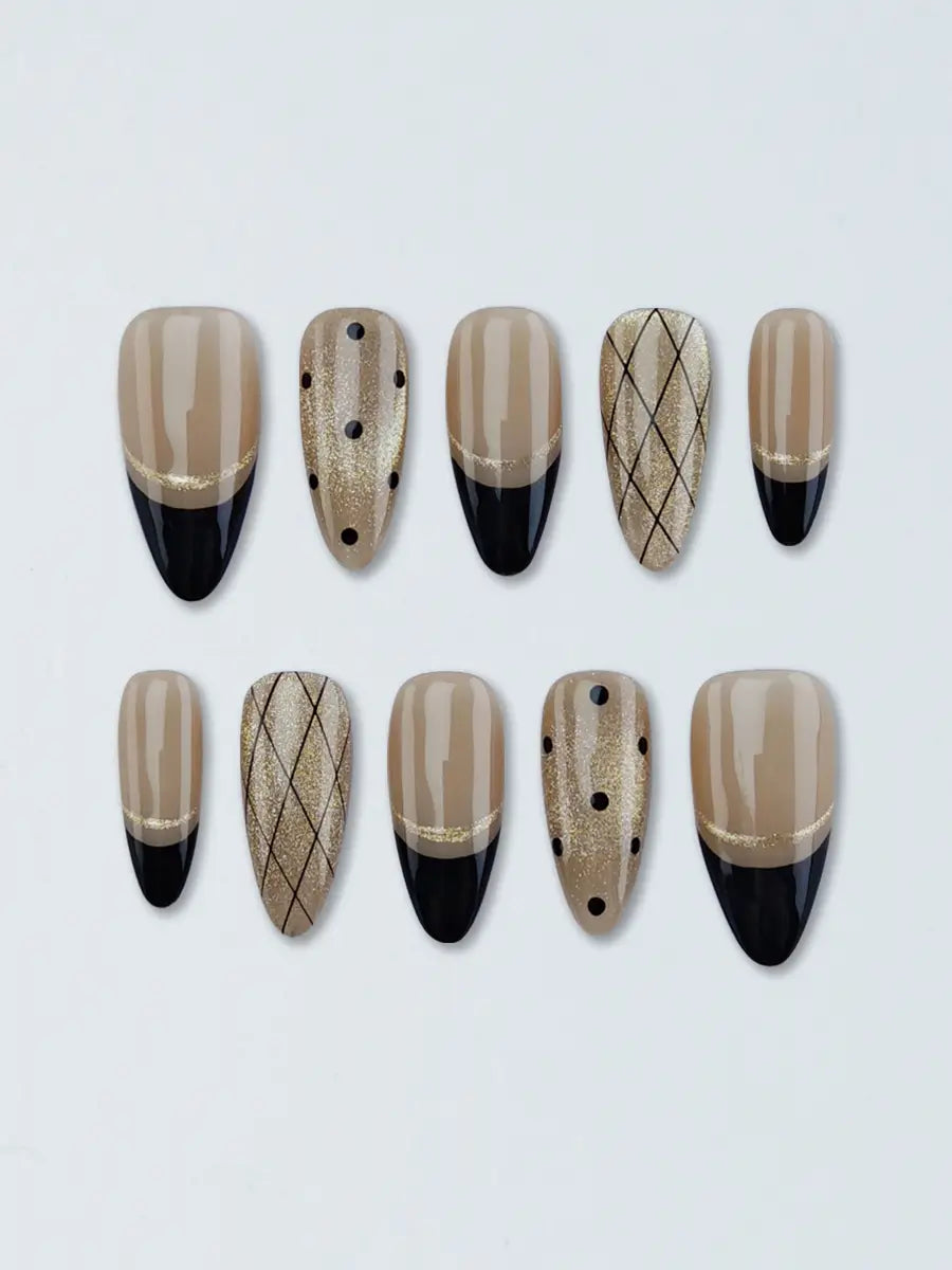 Nude Brown Black Gold Plaid Glitter Press-On Nails – Almond Shape, Luxury Style