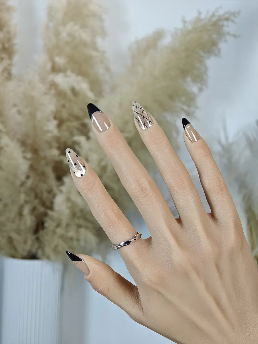 Nude Brown Black Gold Plaid Glitter Press-On Nails – Almond Shape, Luxury Style