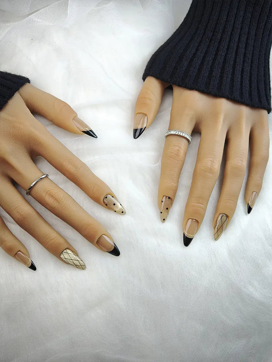 Nude Brown Black Gold Plaid Glitter Press-On Nails – Almond Shape, Luxury Style