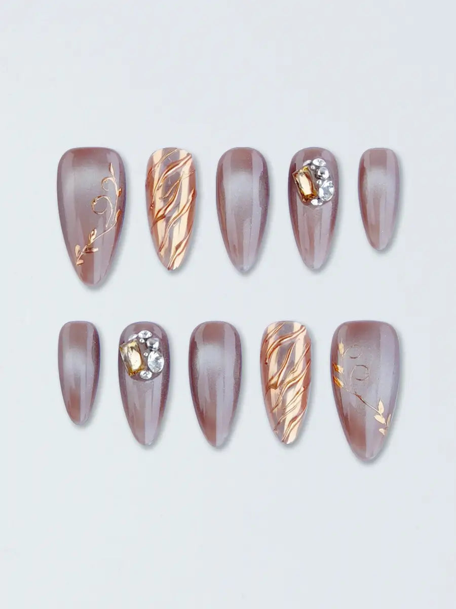 Nude Brown Almond Press-On Nails – Gold & Rhinestone Embellished