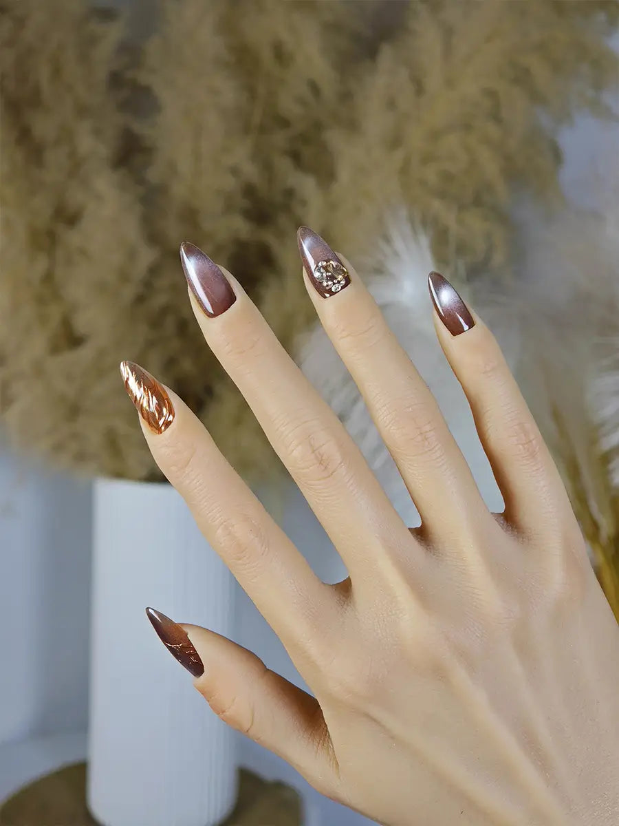 Nude Brown Almond Press-On Nails – Gold & Rhinestone Embellished