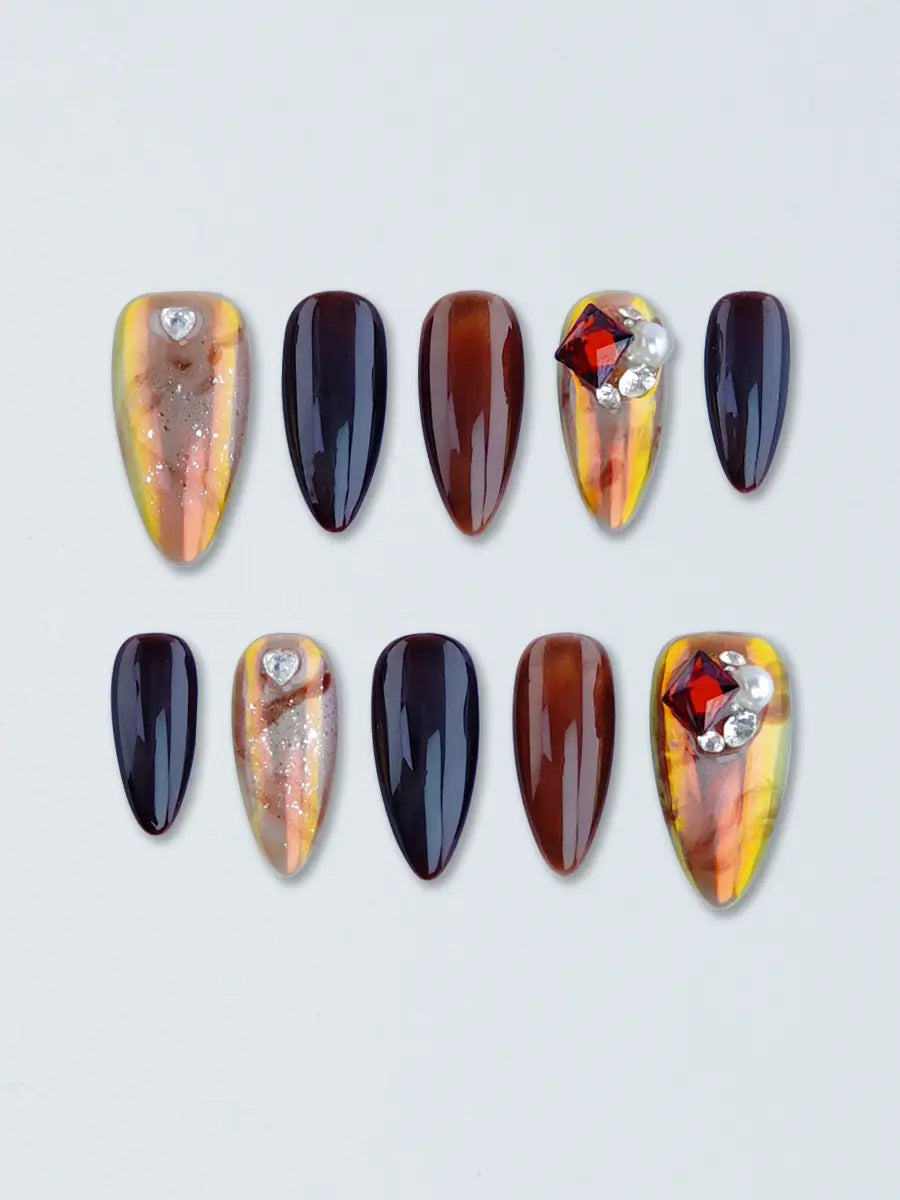 Brown & Black Almond Press-On Nails – Iridescent Rhinestones