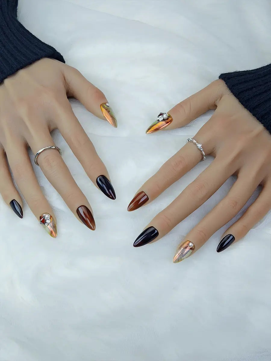 Brown & Black Almond Press-On Nails – Iridescent Rhinestones