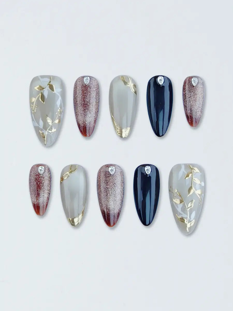 Nude Brown Almond Press-On Nails – Gold Accents & Rhinestones