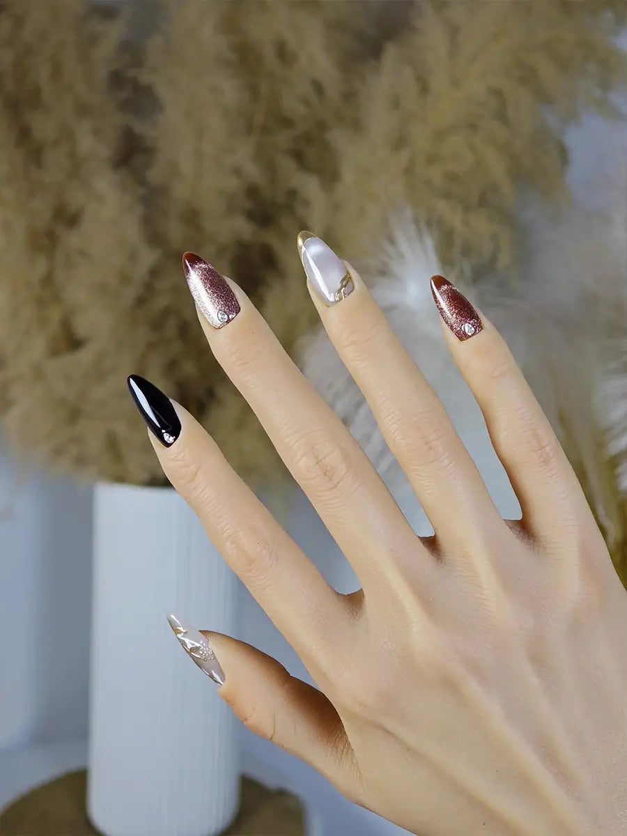 Nude Brown Almond Press-On Nails – Gold Accents & Rhinestones