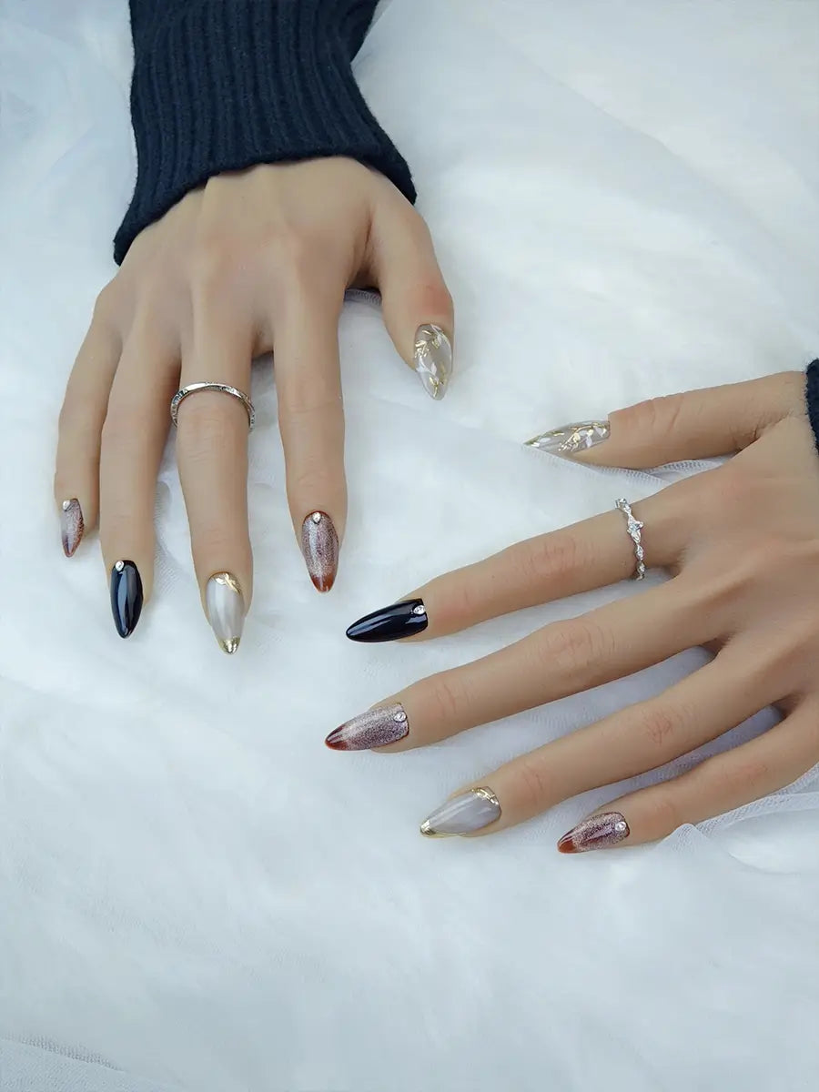 Nude Brown Almond Press-On Nails – Gold Accents & Rhinestones
