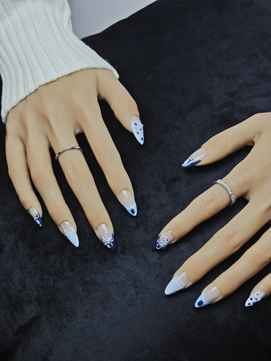 Blue & White Gradient Press-On Nails – 3D Flower & Pearl Almond Shape