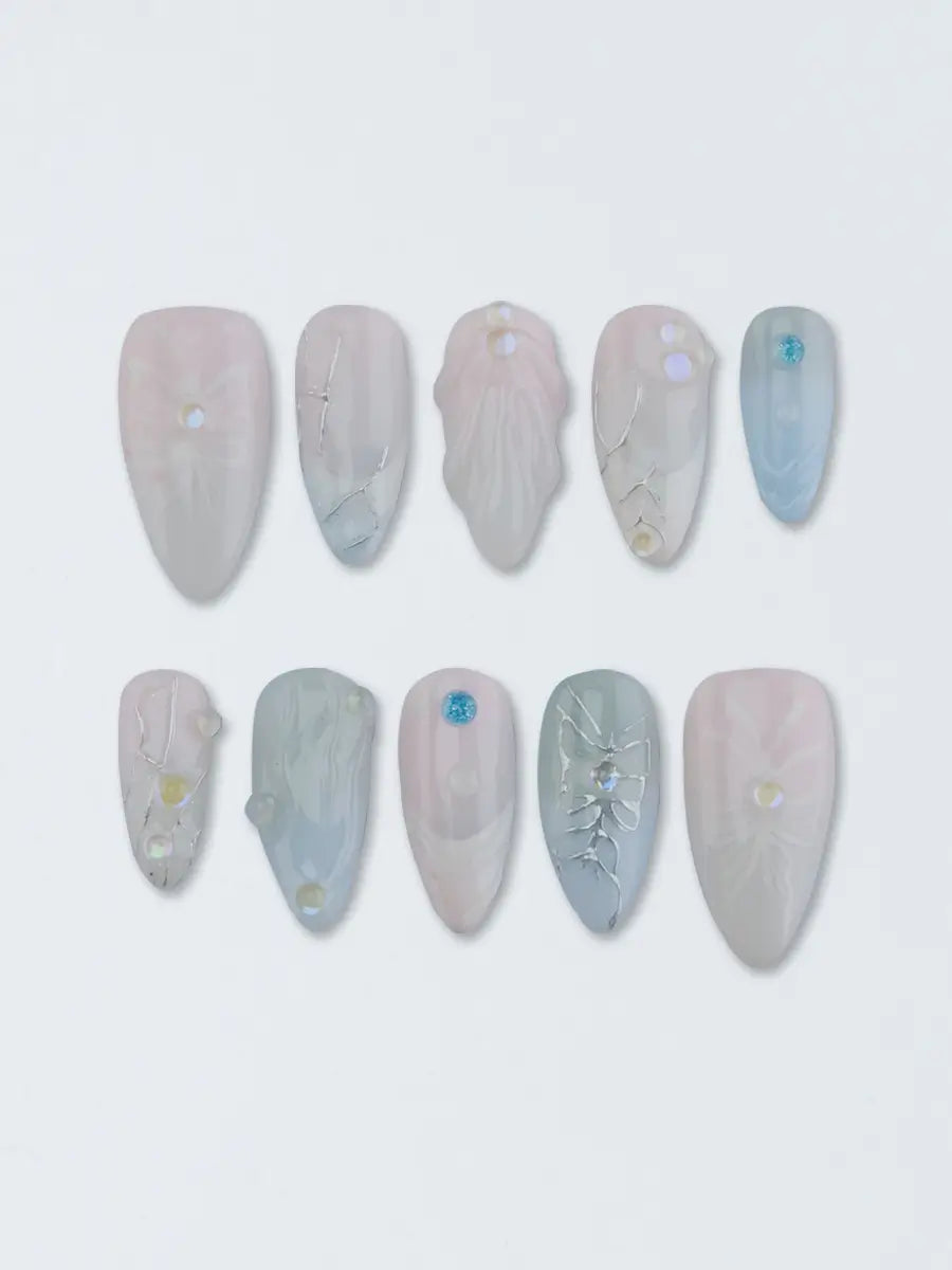 Pink & Blue Gradient Press-On Nails – 3D Butterfly & Pearl Almond Shape