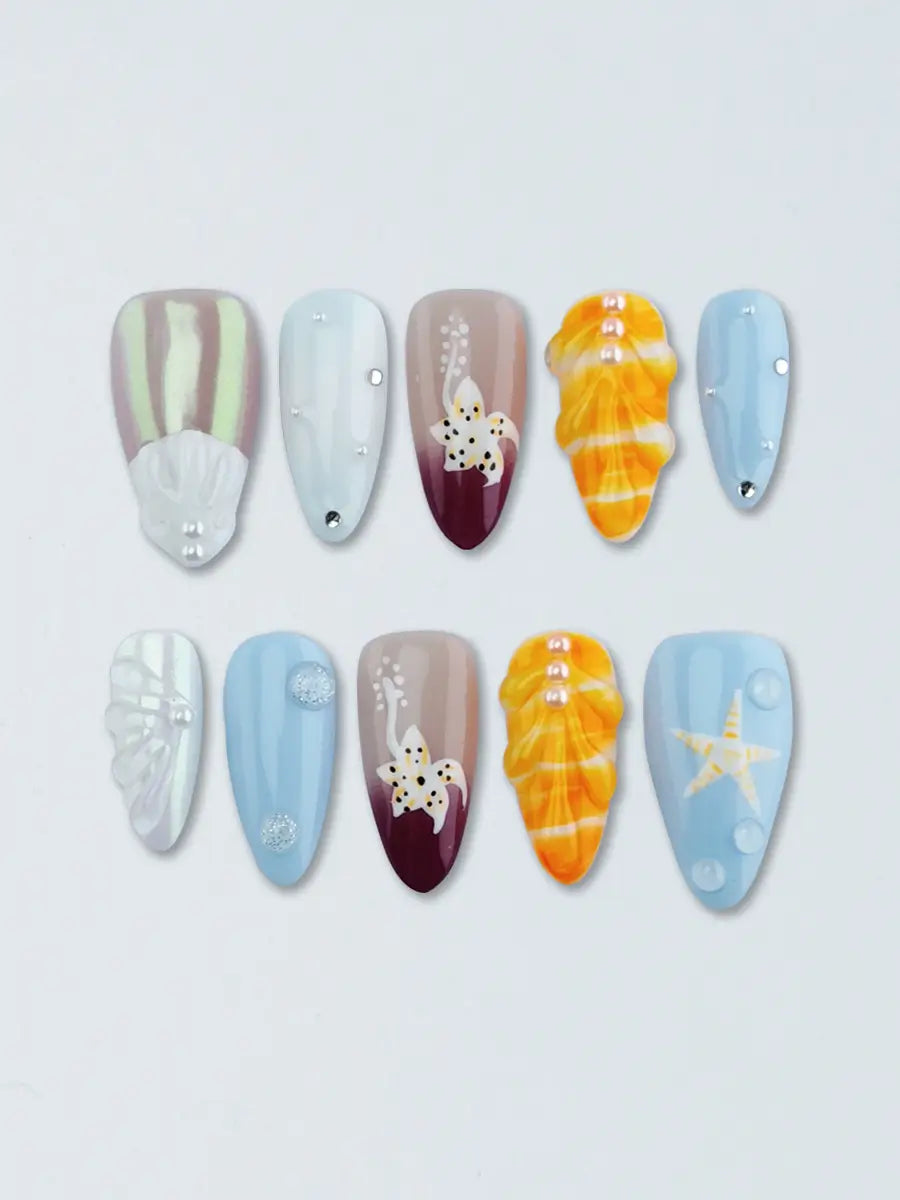Ocean Style Shell Starfish Pearl Press-On Nails – Iridescent Gradient Almond Shape