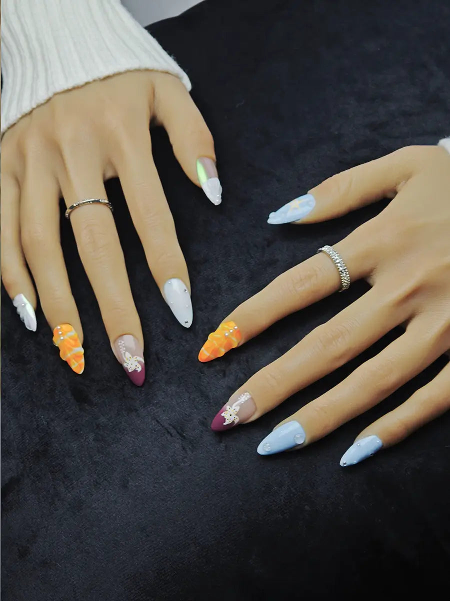 Ocean Style Shell Starfish Pearl Press-On Nails – Iridescent Gradient Almond Shape