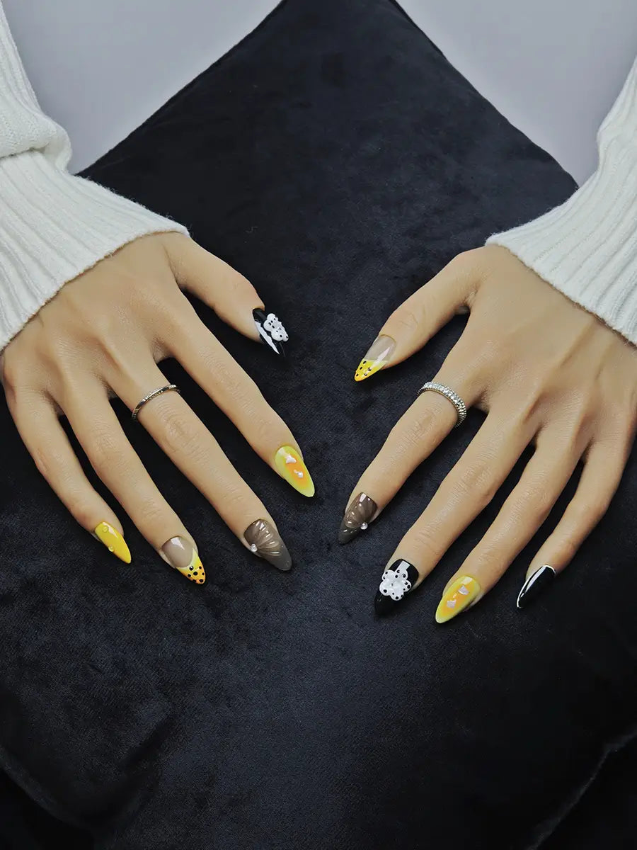 Black Yellow Gray Press-On Nails – 3D Flower & Shell Luxury Almond Shape