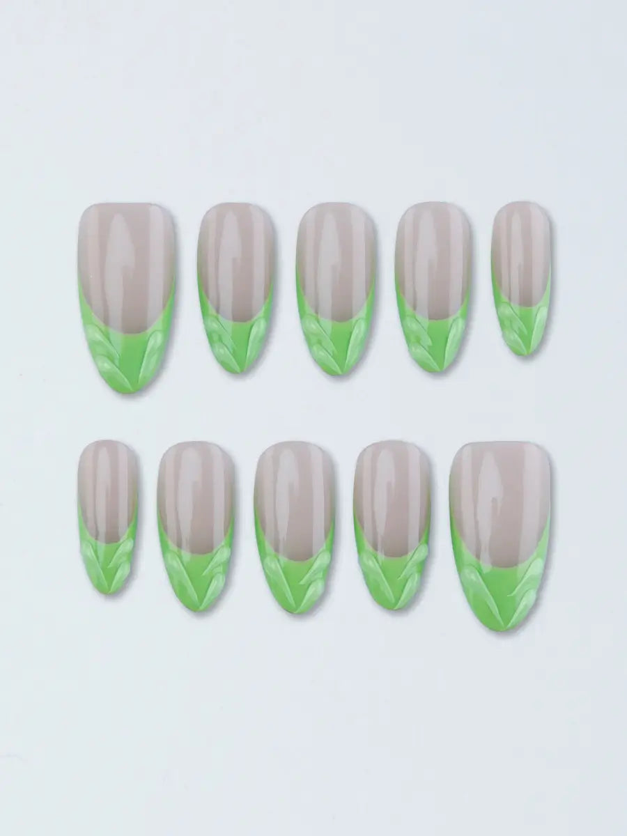 Nude & Green French Almond Press-On Nails – Embossed Design
