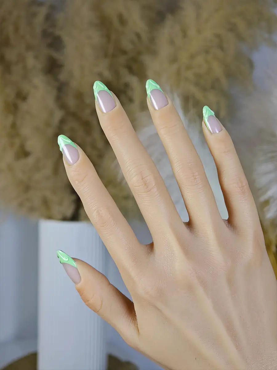 Nude & Green French Almond Press-On Nails – Embossed Design