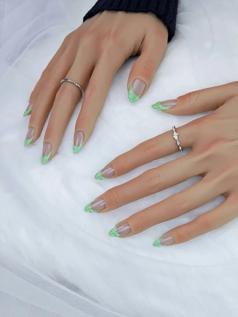 Nude & Green French Almond Press-On Nails – Embossed Design