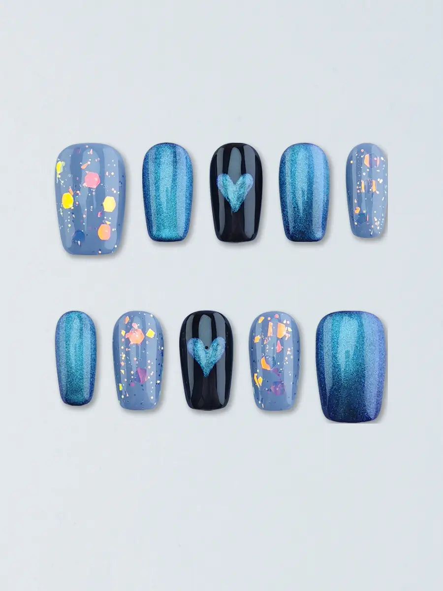 Deep Sea Blue Heart Glitter Press On Nails – Sweet & Cool Design