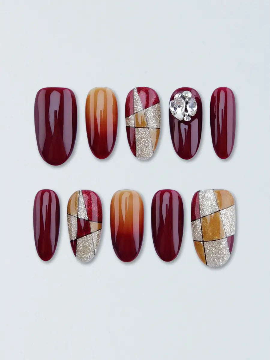 Vintage Burgundy Geometric Glitter Nail Set – Retro Luxury Style