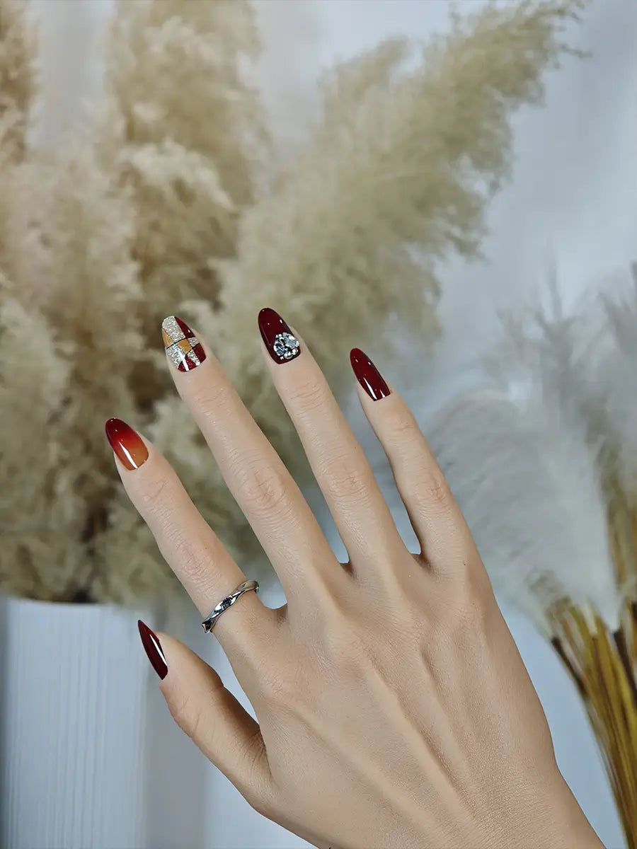 Vintage Burgundy Geometric Glitter Nail Set – Retro Luxury Style