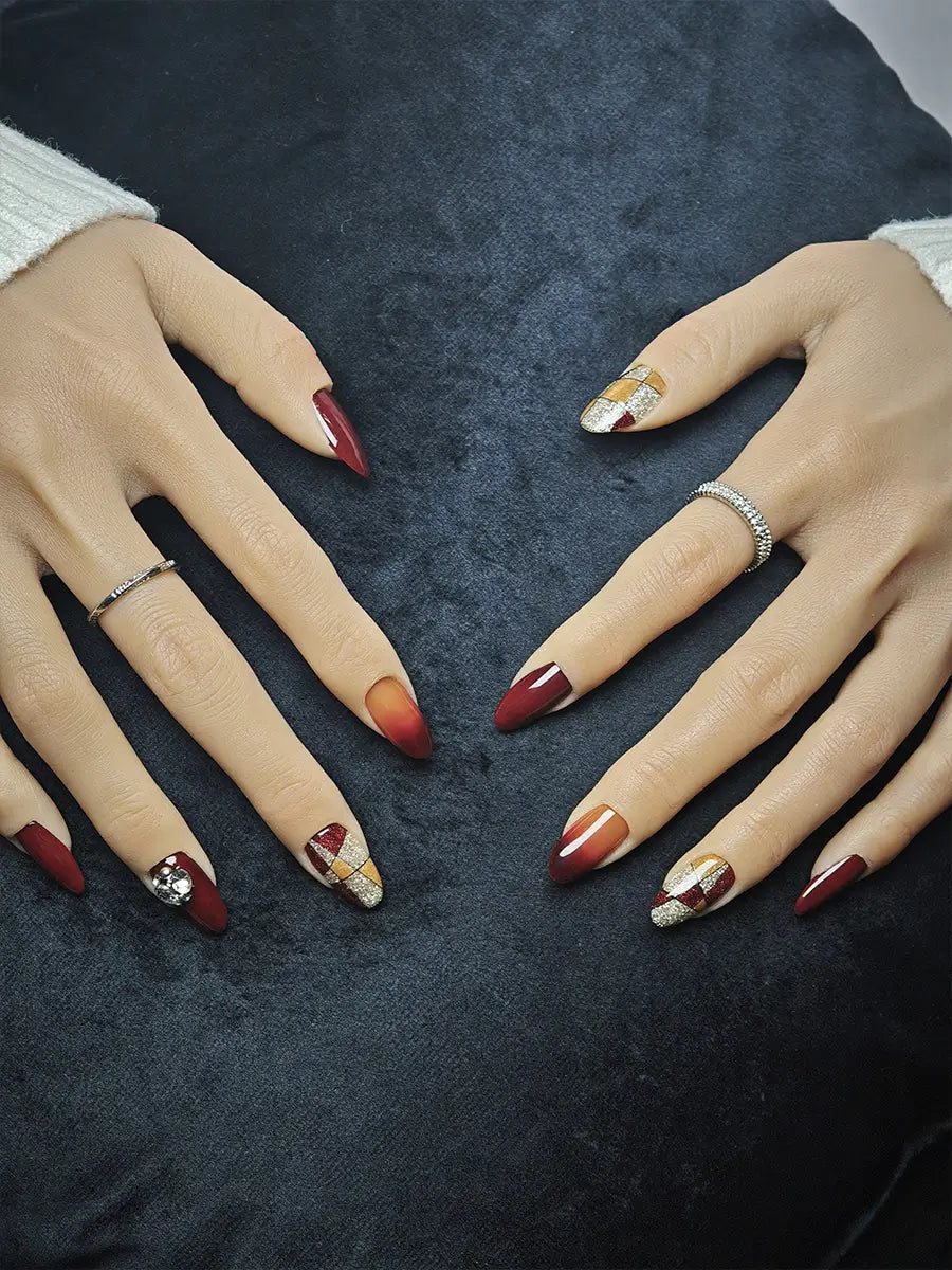 Vintage Burgundy Geometric Glitter Nail Set – Retro Luxury Style