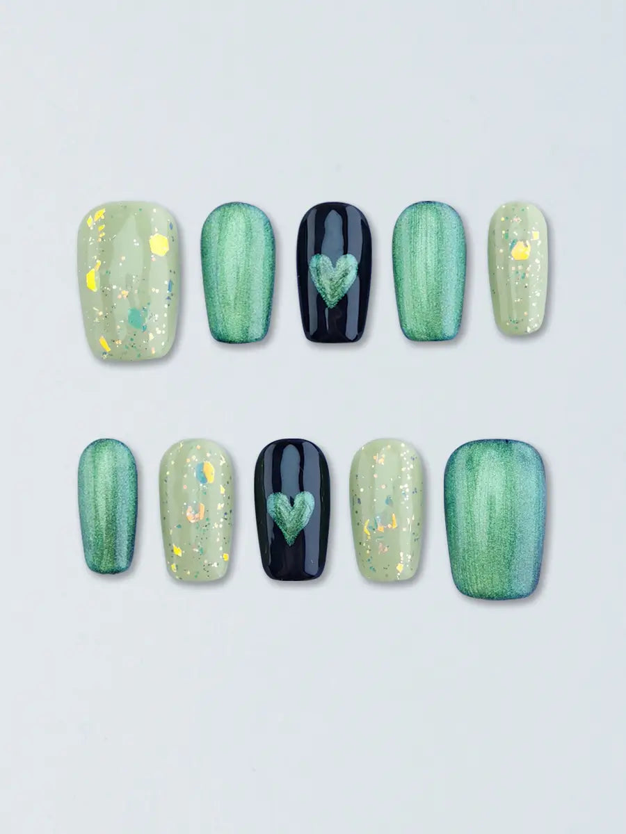 Matcha Green Heart Glitter Press On Nails – Sweet & Cool Style