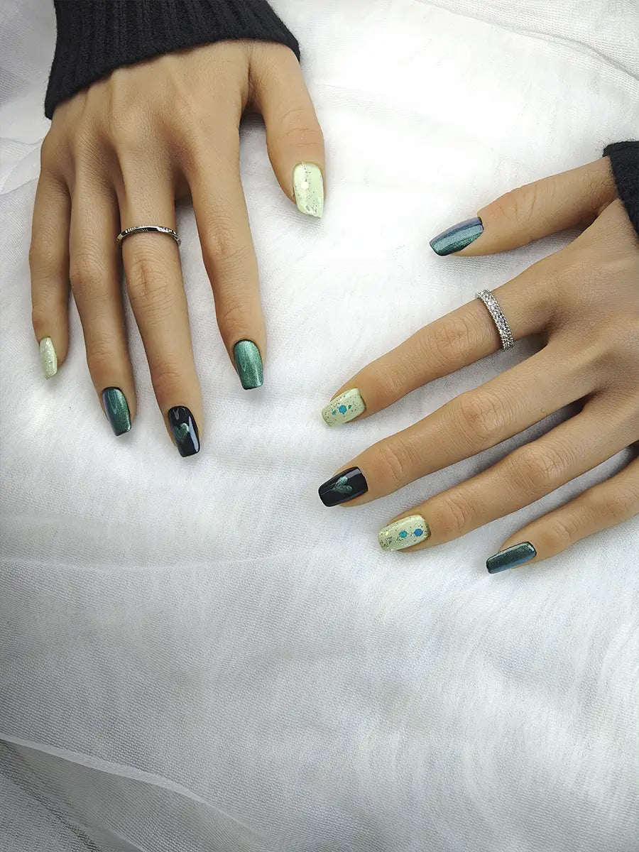 Matcha Green Heart Glitter Press On Nails – Sweet & Cool Style