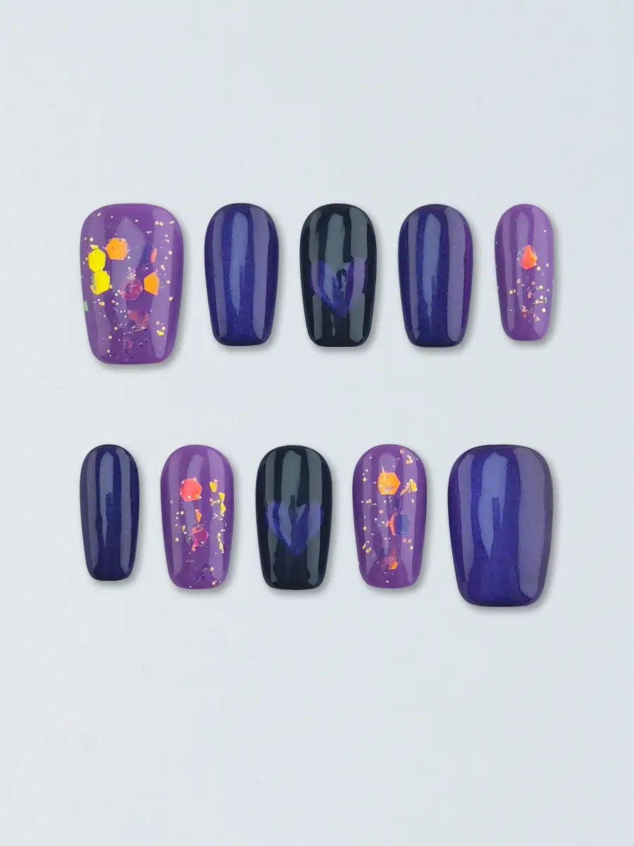 Mystic Purple Heart Glitter Press On Nails – Sweet & Cool Style