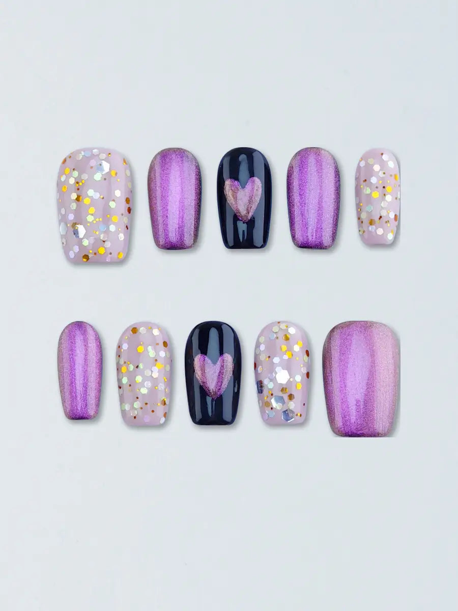 Pink & Purple Heart Glitter Press On Nails – Sweet & Dreamy Style