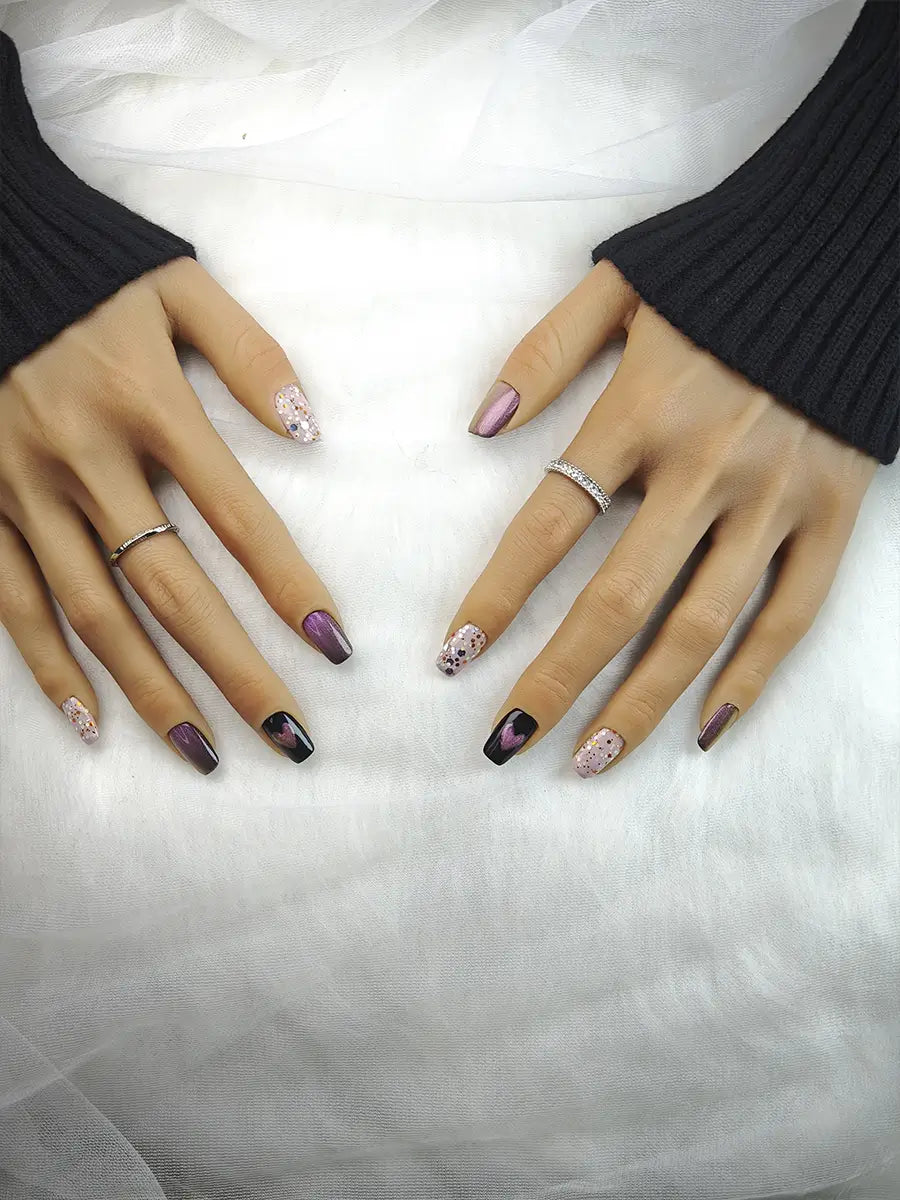 Pink & Purple Heart Glitter Press On Nails – Sweet & Dreamy Style