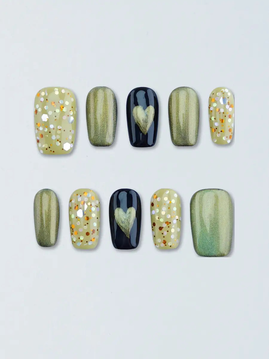 Olive Gold Heart Glitter Press On Nails – Vintage Sweet & Stylish