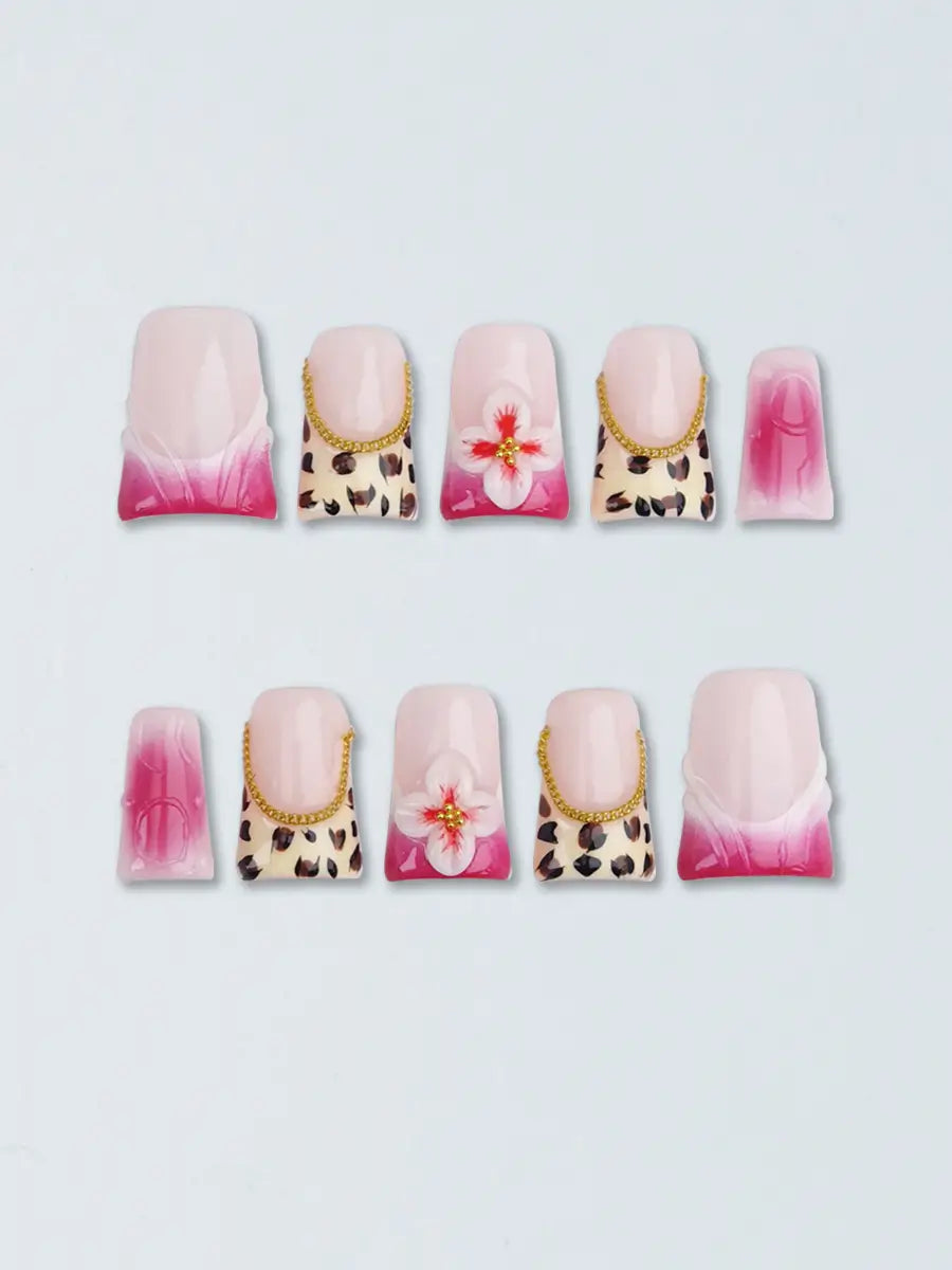 Pink Rose Leopard 3D Floral Nails with Gold Chain – Ubeety Sweet Cool Collection