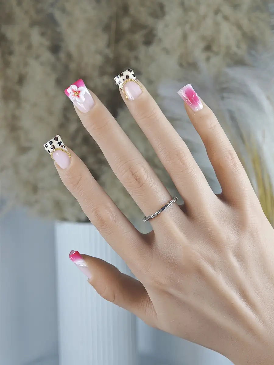 Pink Rose Leopard 3D Floral Nails with Gold Chain – Ubeety Sweet Cool Collection