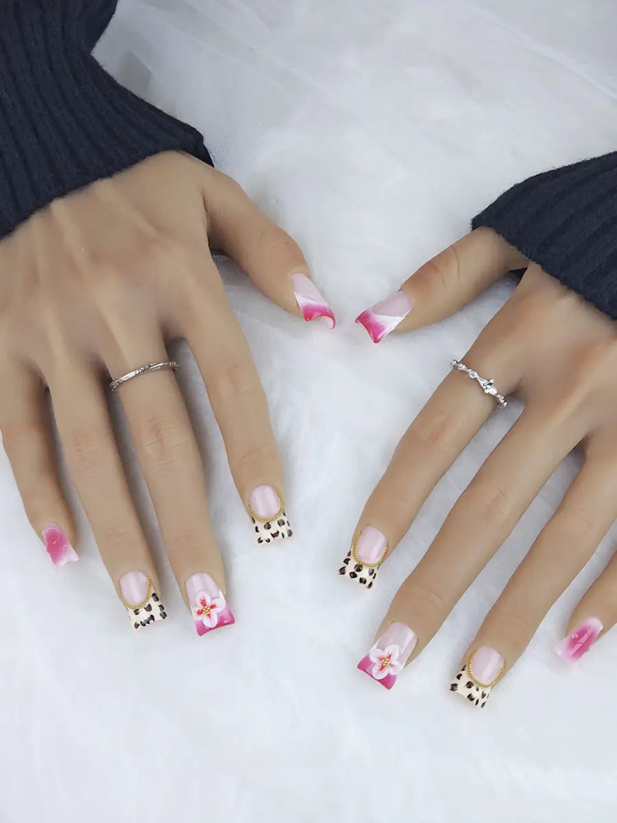 Pink Rose Leopard 3D Floral Nails with Gold Chain – Ubeety Sweet Cool Collection