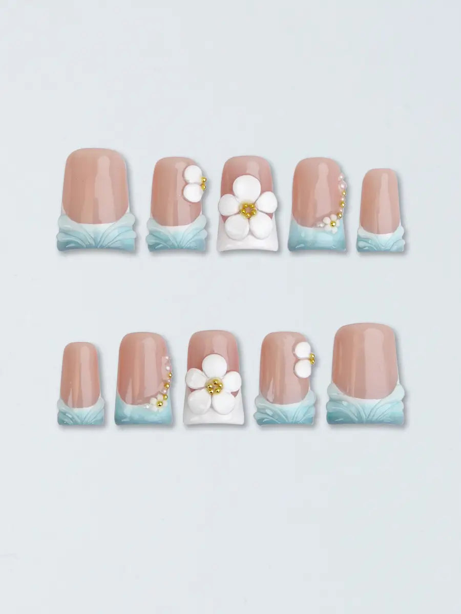 Soft Glam Press On Nails with 3D Flowers & Gold Pearl Chains