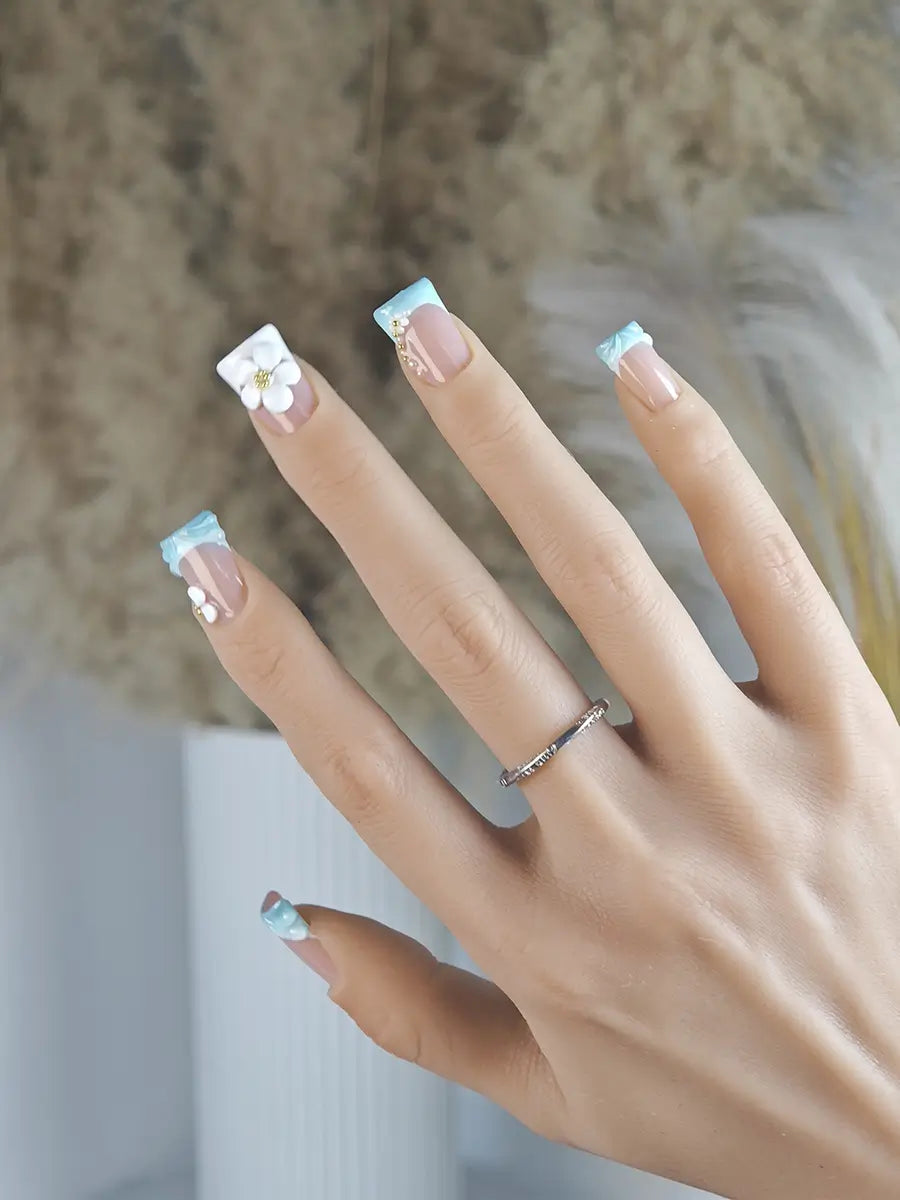 Soft Glam Press On Nails with 3D Flowers & Gold Pearl Chains