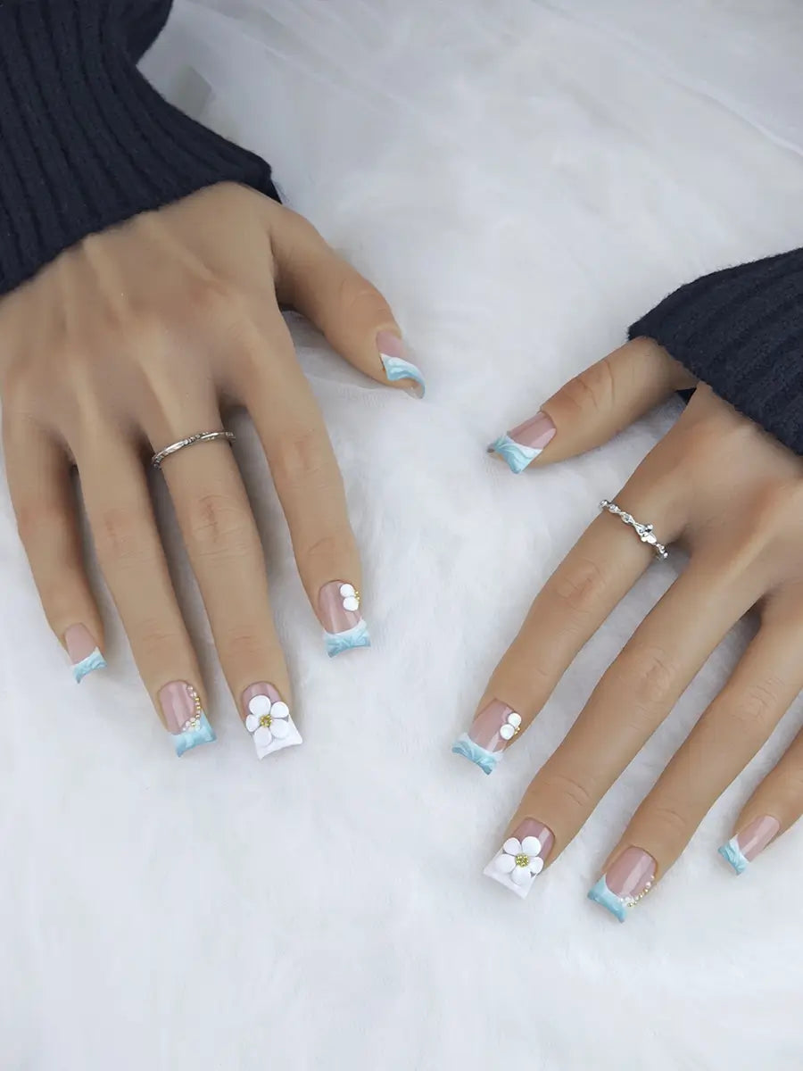 Soft Glam Press On Nails with 3D Flowers & Gold Pearl Chains