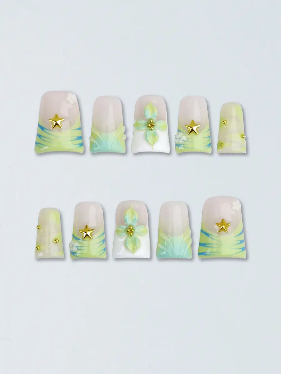 Lime Green & Ice Blue 3D Floral Nails with Gold Stars – Ubeety Sweet Cool Summer Set