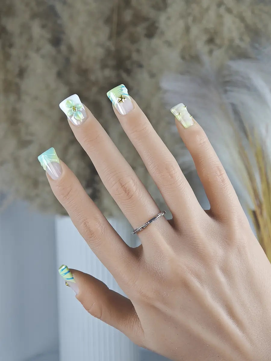 Lime Green & Ice Blue 3D Floral Nails with Gold Stars – Ubeety Sweet Cool Summer Set