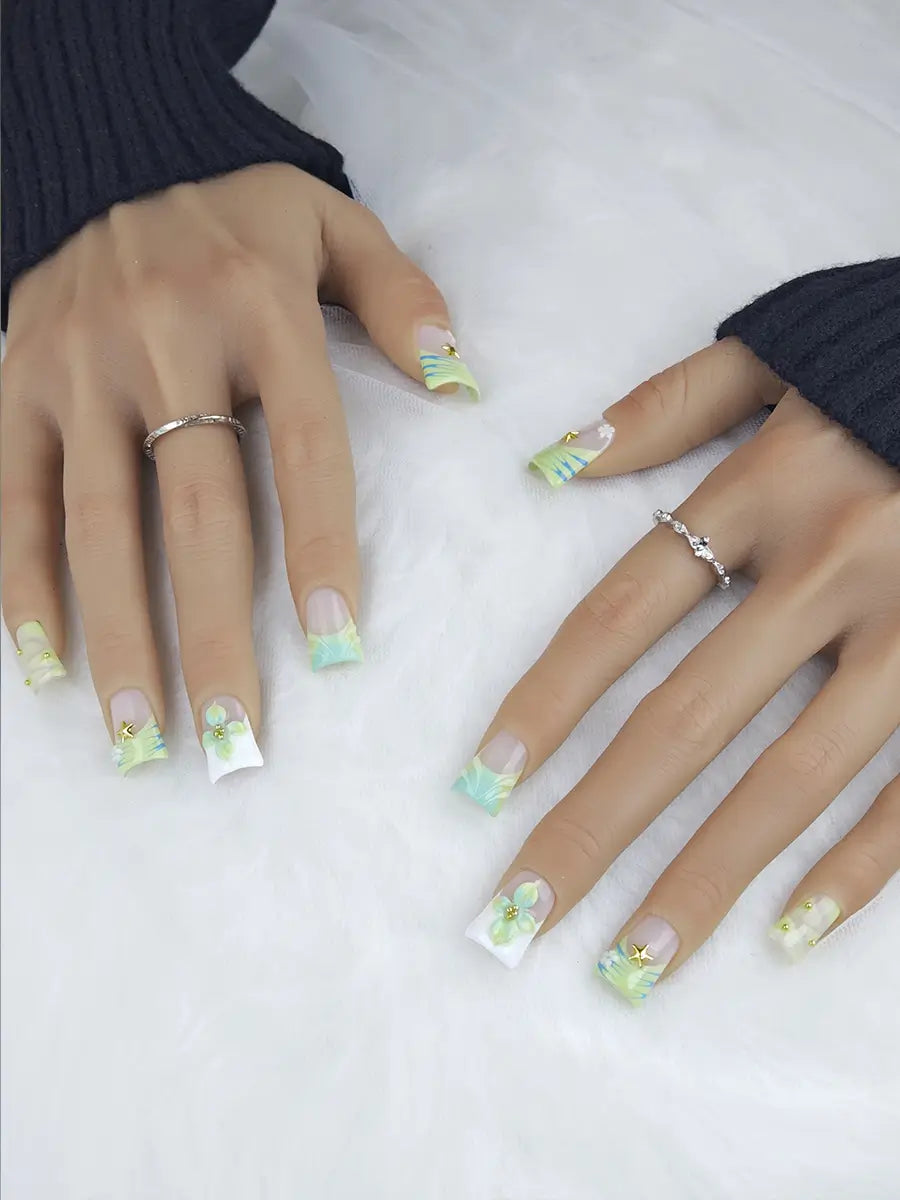 Lime Green & Ice Blue 3D Floral Nails with Gold Stars – Ubeety Sweet Cool Summer Set