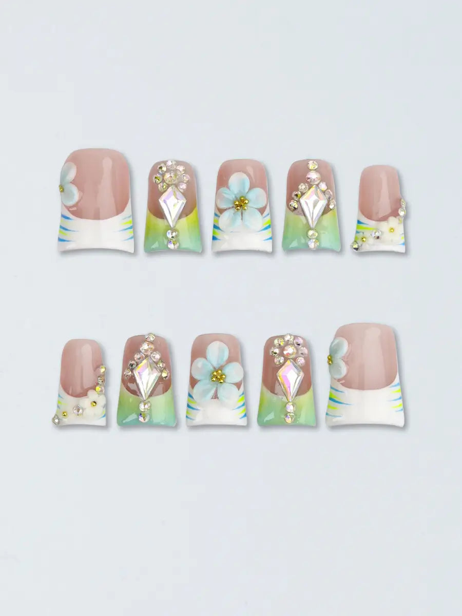 Nude Pink & Ice Blue 3D Floral Press On Nails with Rhinestones – Ubeety Luxe Collection