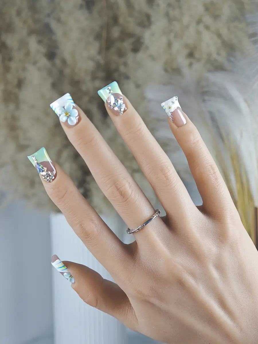 Nude Pink & Ice Blue 3D Floral Press On Nails with Rhinestones – Ubeety Luxe Collection