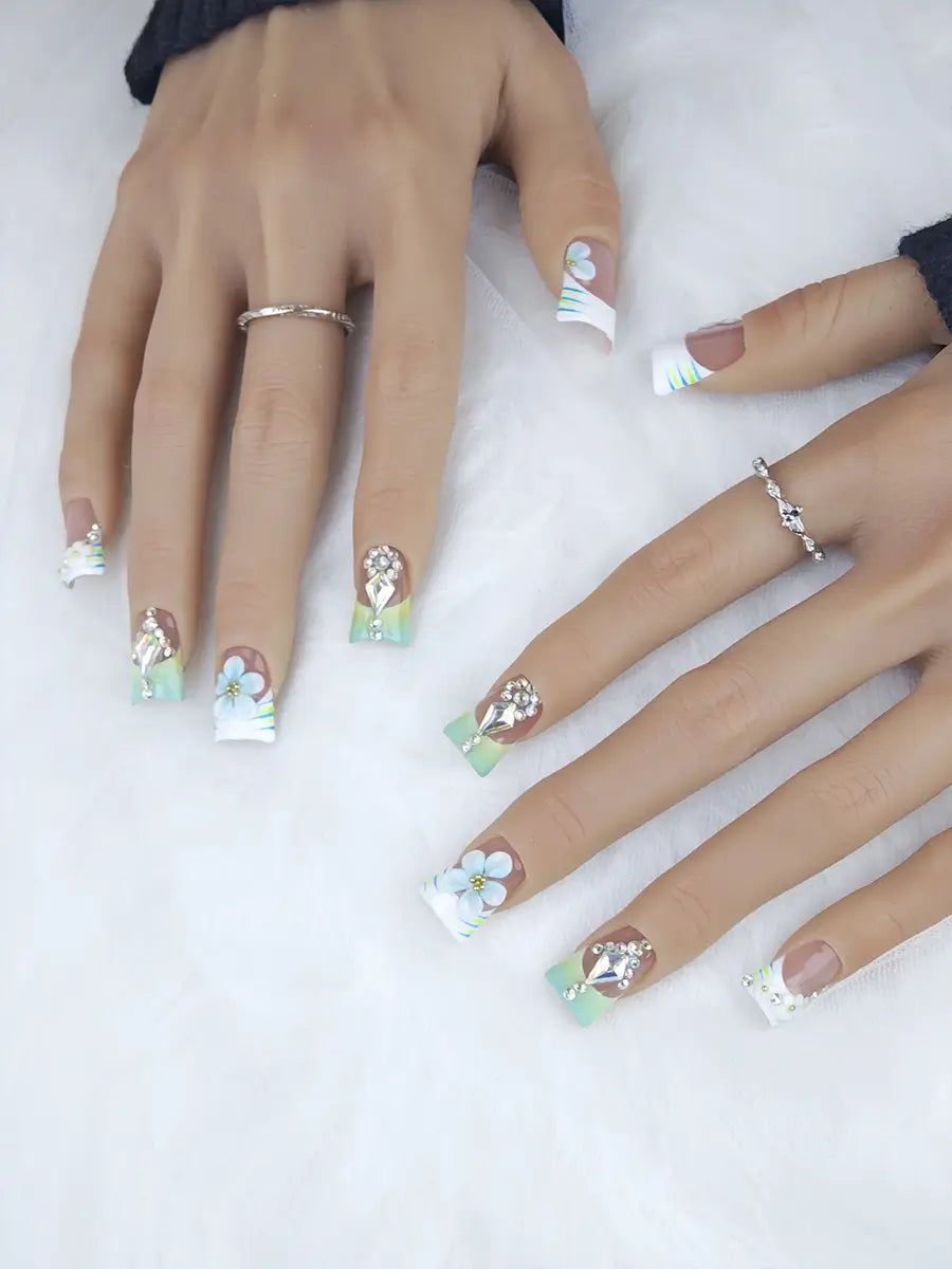 Nude Pink & Ice Blue 3D Floral Press On Nails with Rhinestones – Ubeety Luxe Collection